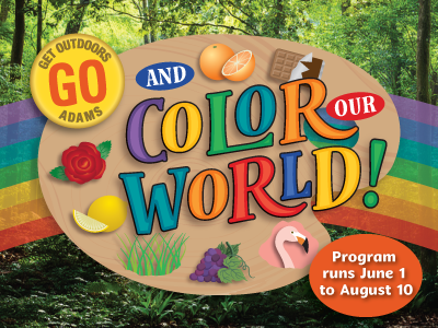 Get Outdoors York program logo with rainbow and colored objects.
